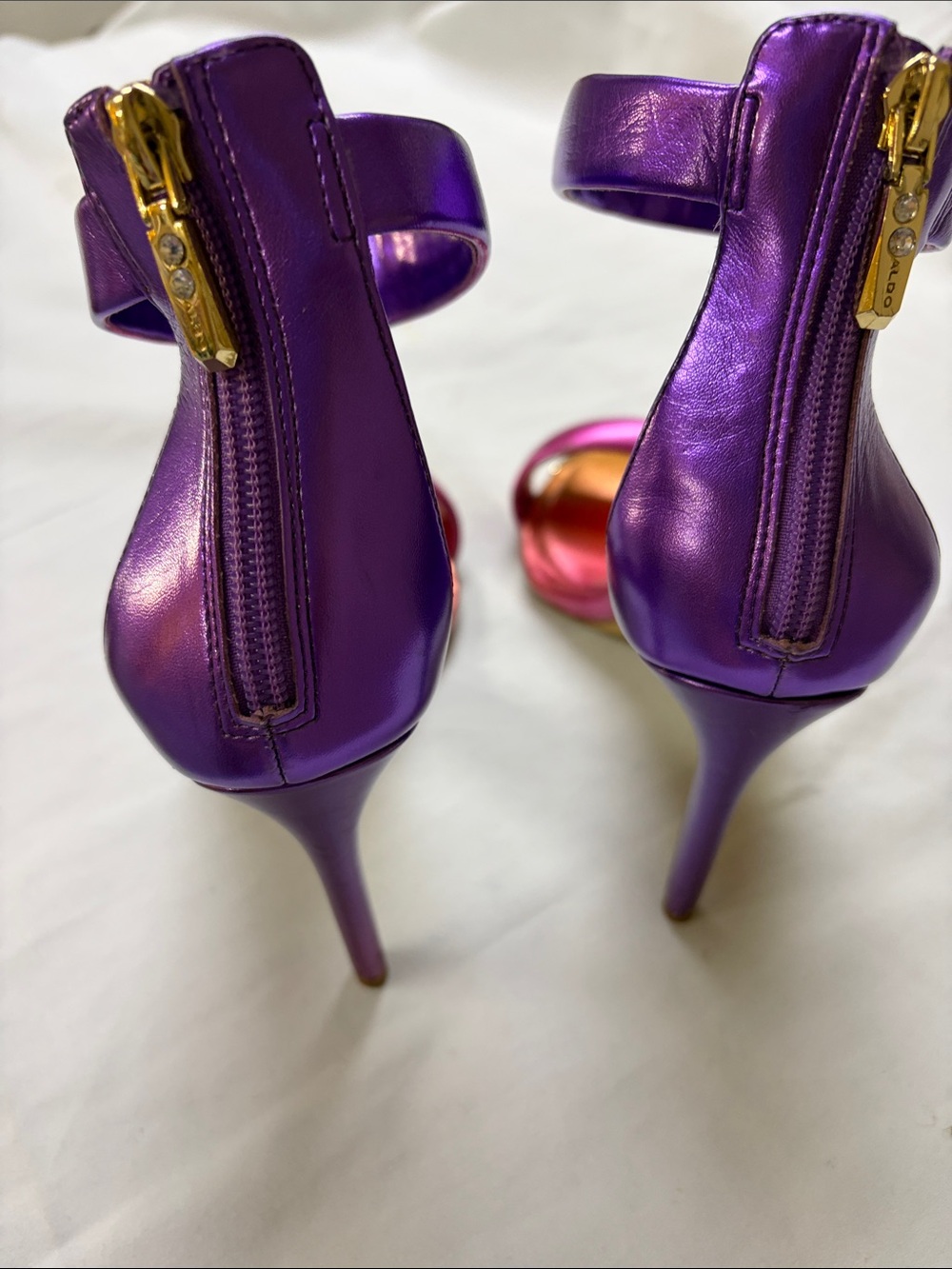 Aldo Metallic Purple and Pink Ankle-Strap Stilettos with Gold Pointed Toe Cap - Picture 4 of 10